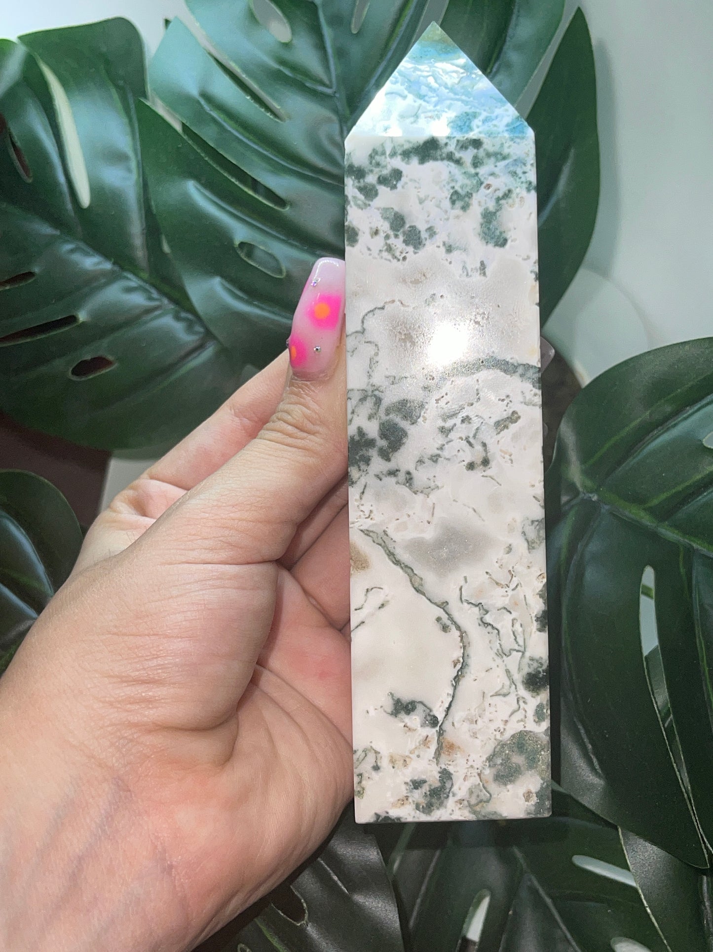 White Moss Agate Tower