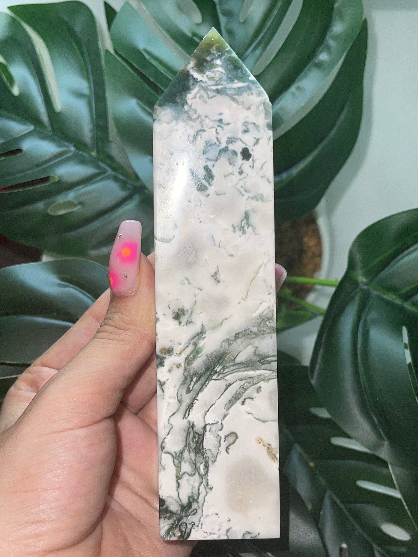 White Moss Agate Tower