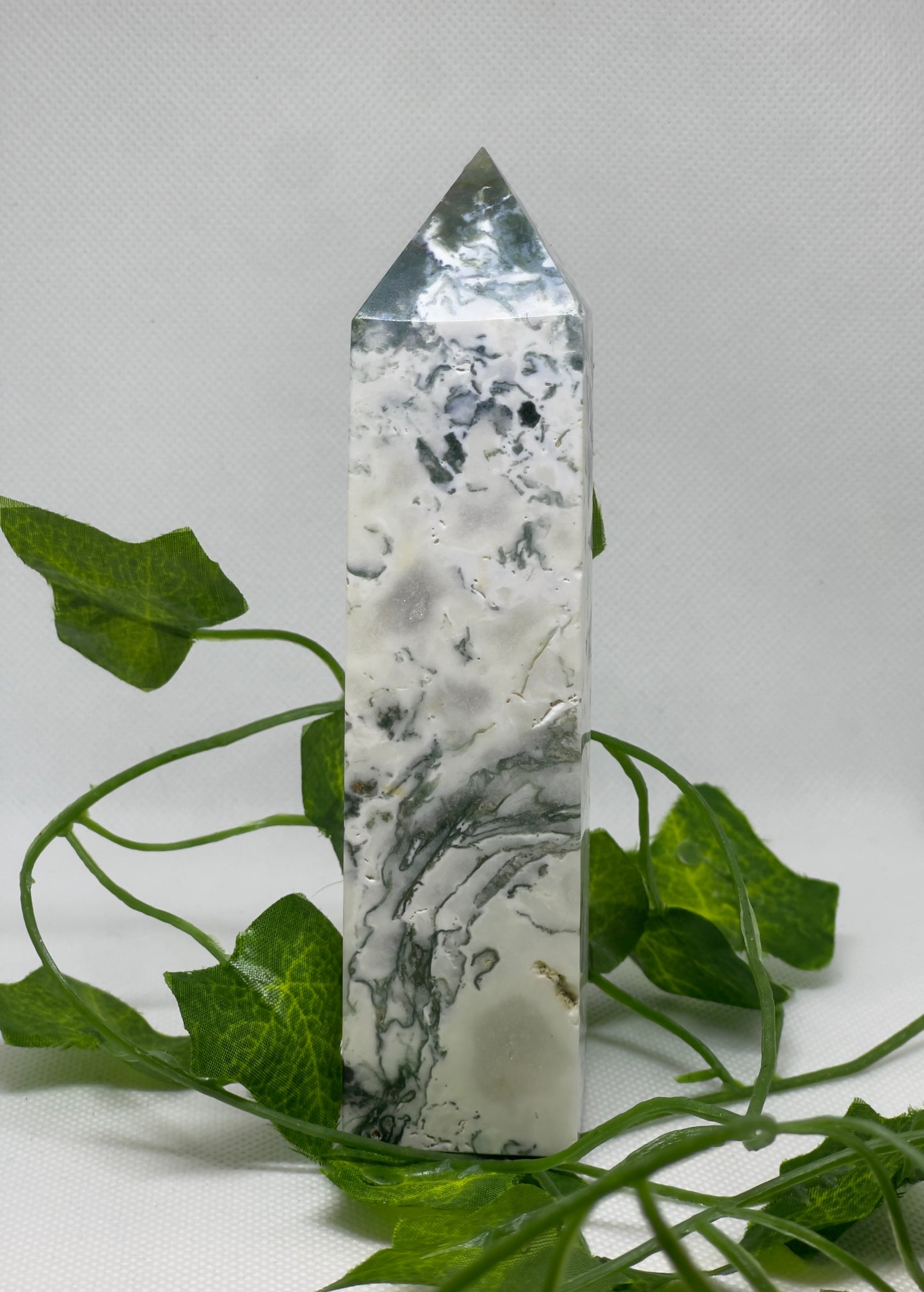 White Moss Agate Tower