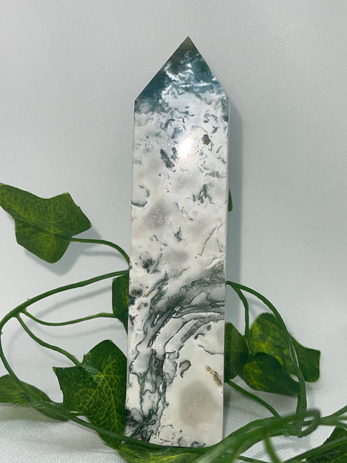 White Moss Agate Tower