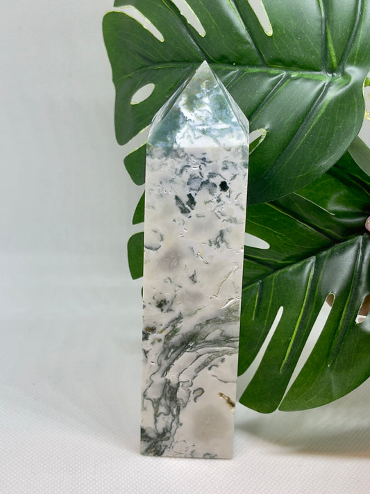 White Moss Agate Tower